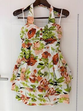Rare Vintage Floral Halter Sundress in White with Orange & Green Print